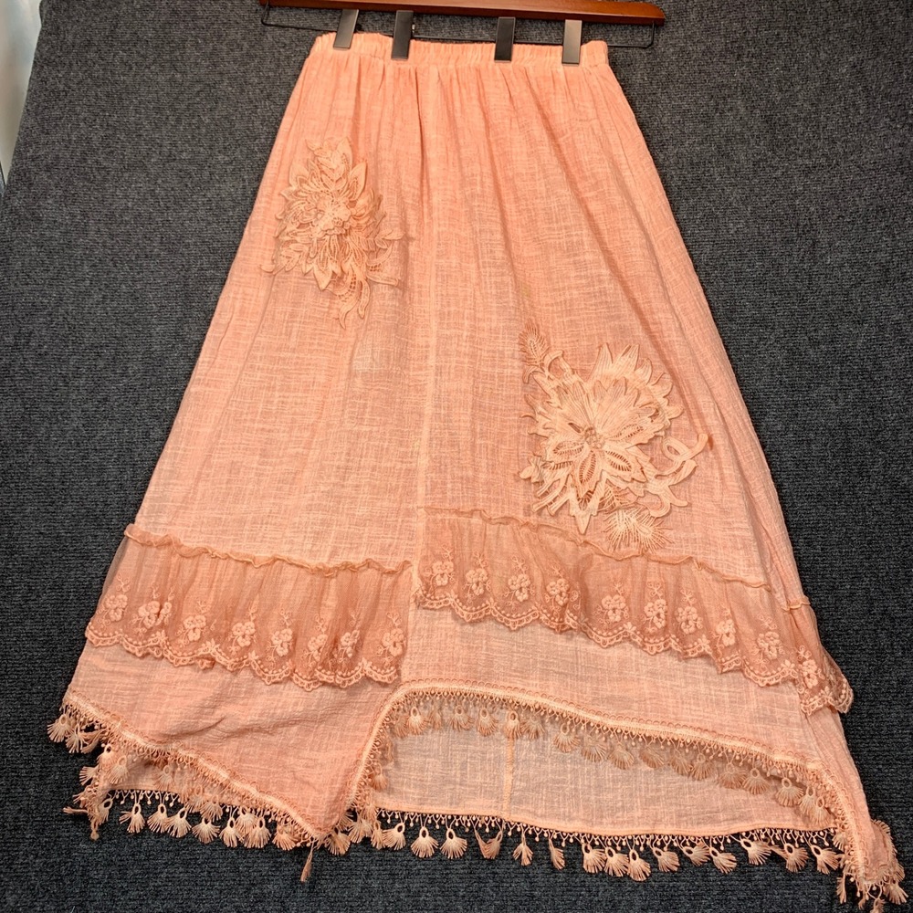 Pretty Angel Maxi Linen Skirt S Dusty Rose Floral Lagenlook Artsy Shabby Chic